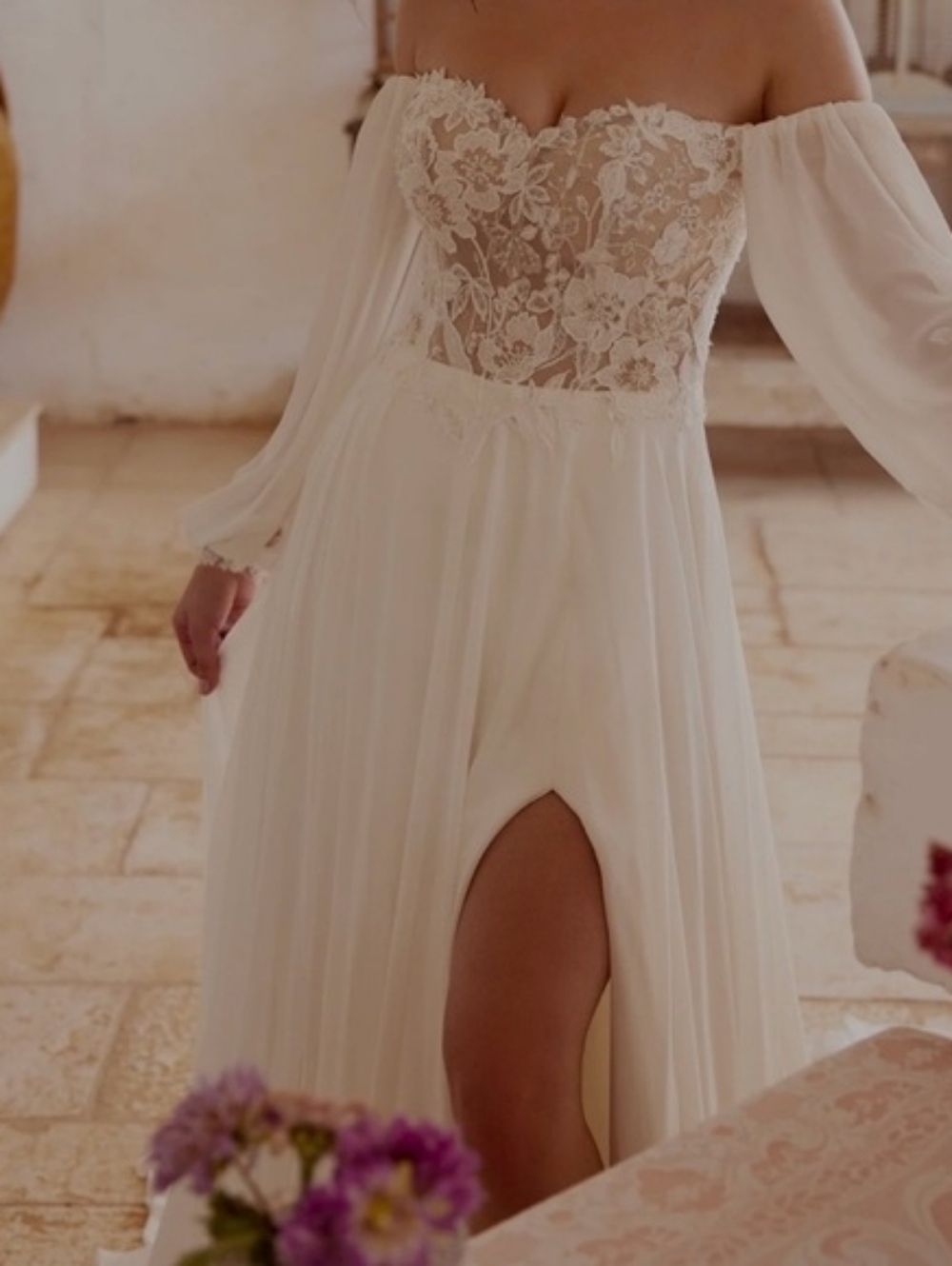 Lillian West Wedding Dress‎ Gown Off the Shoulder Style 66228 Slit Ethereal Boho